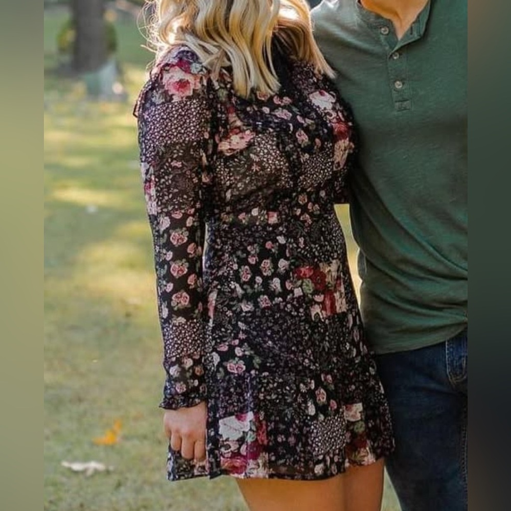 H&M Black and Pink Floral Long Sleeve Dress